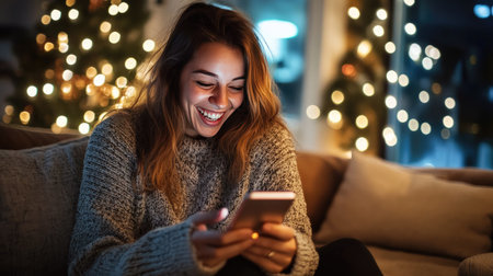 A woman laughing while video chatting on her smartphone in a cozy home setting.の素材