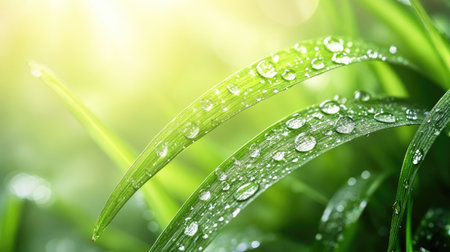 Close-up of delicate green fern leaves with water droplets glistening under soft natural lightの素材
