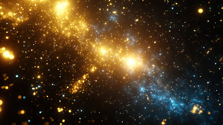 Bright golden and blue lens flares cutting through a deep black sky, evoking a futuristic cosmic effectの素材