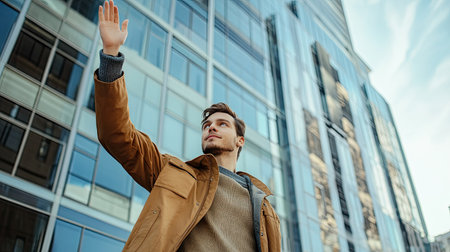 A young man waving goodbye while leaving for work, standing near a modern office buildingの素材