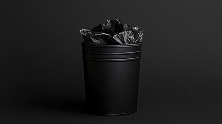 A black trash can filled with wrinkled papers, symbolizing frustration and rejection, placed on a seamless backdrop.の素材