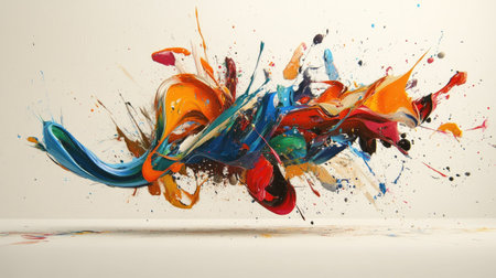 Dynamic paint splashes colliding, blending into a vivid and chaotic masterpiece on a neutral backgroundの素材