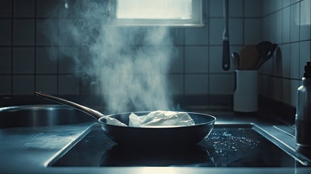 A beautifully lit kitchen scene with a frying pan being wiped clean using a disposable white napkin.の素材