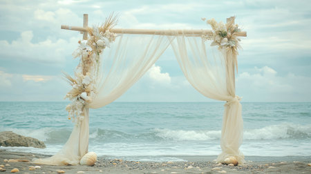 A beachside wedding arch draped in sheer white fabric, adorned with seashells and tropical flowers, with the ocean as a backdrop.の素材