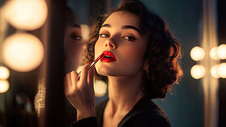 A woman applying red lipstick in front of a vanity mirror, with soft lighting highlighting her features.の素材