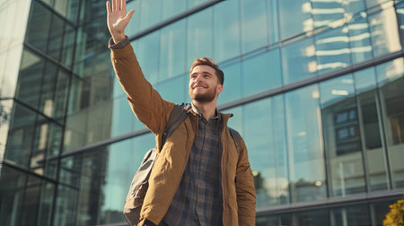 A young man waving goodbye while leaving for work, standing near a modern office buildingの素材