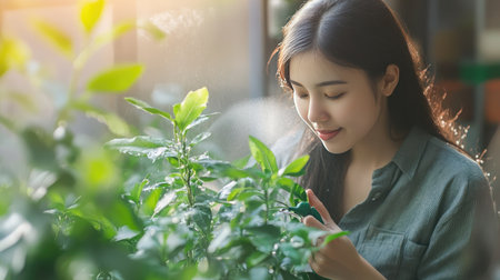 A woman enjoying her morning routine of spraying water on fresh green plants.の素材