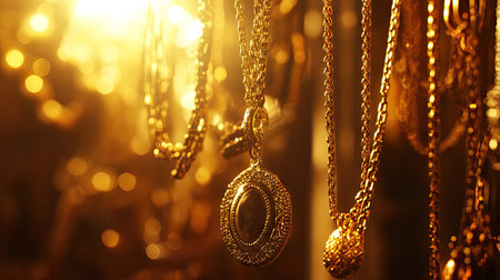 Golden chains and pendants hanging gracefully on a jewelry stand, surrounded by soft glowing lightの素材