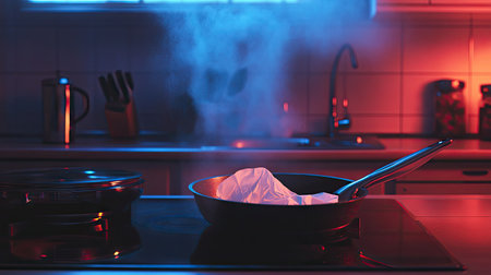 A beautifully lit kitchen scene with a frying pan being wiped clean using a disposable white napkin.の素材
