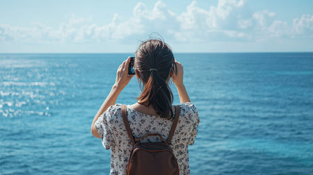 A woman standing by the ocean, taking a picture with her smartphone.の素材