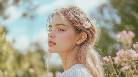 A young woman in an outdoor setting, wearing a soft pastel hair clip that matches her breezy outfit.の素材