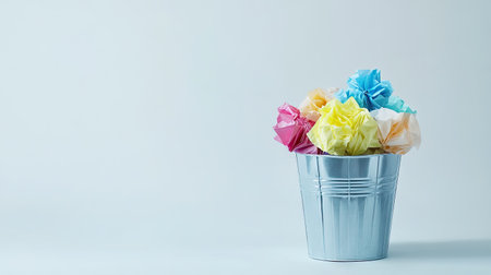 A bright and clean image of a full trash bin with paper balls, neatly arranged on a soft white background.の素材