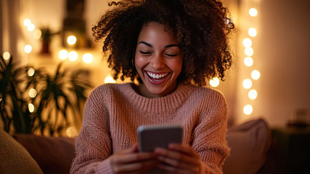 A woman laughing while video chatting on her smartphone in a cozy home setting.の素材