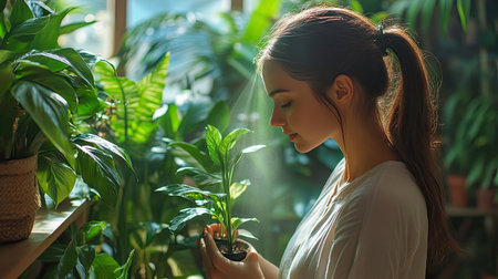 A young woman with a ponytail spraying her indoor jungle of tropical plants.の素材