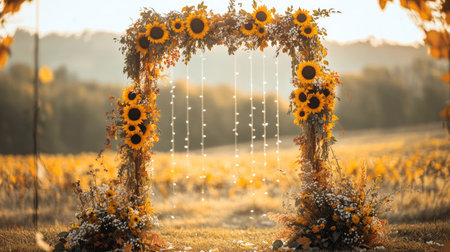 A beautiful fall-themed wedding arch decorated with sunflowers, autumn leaves, and fairy lights, set in a golden field.の素材