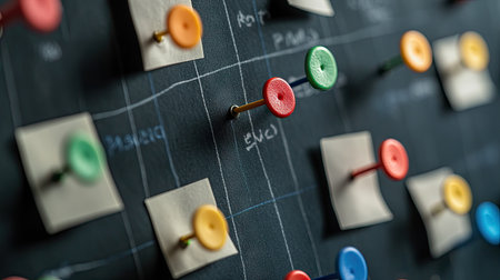 A close-up of a black detective board, showing blank papers pinned with colored thumbtacks.の素材