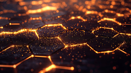 Futuristic blockchain concept with glowing hexagonal patterns connecting in a digital spaceの素材