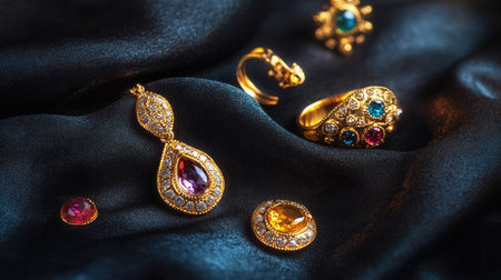 Elegant gold earrings and rings with gemstones displayed on a black satin fabric under warm lightingの素材