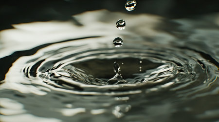 A close-up of a single water drop falling into a calm surface, creating ripples and a soft splash.の素材