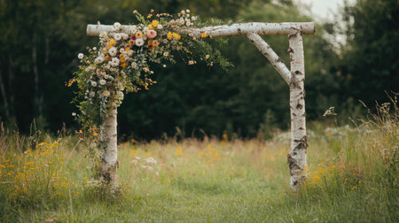 A charming countryside wedding arch made of birch branches, decorated with wildflowers, in an open meadow.の素材