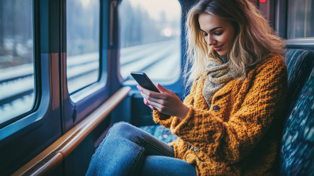 A woman sitting on a train, using her smartphone while traveling.の素材