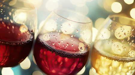 A close-up of glasses of wine in different shades, from deep red to pale white, with bokeh lights in the backgroundの素材
