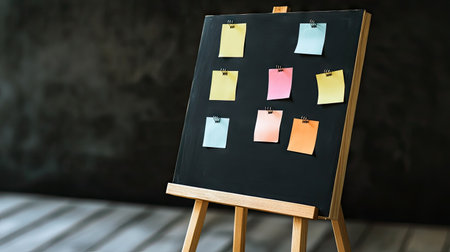A black detective board on a wooden easel, with empty papers pinned, ready for a brainstorming session.の素材