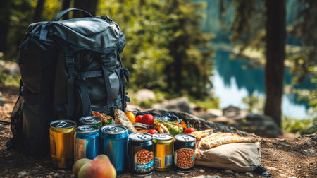 A camping backpack with cans of food spilling out, including sardines, baked beans, and fruit saladの素材