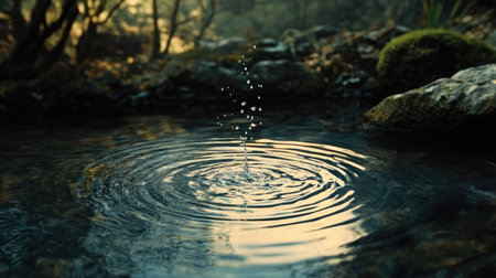 A water splash creating concentric ripples on a calm surface, illuminated by soft natural light.の素材