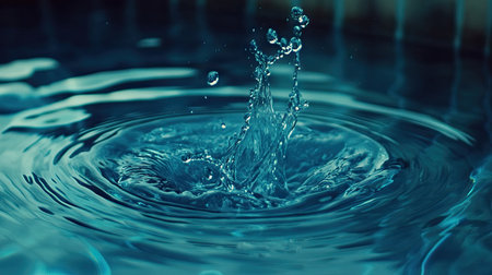 A clear water drop splashing into a blue pool, with dramatic lighting and ripples.の素材