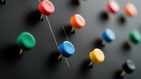 A close-up of a black detective board, showing blank papers pinned with colored thumbtacks.の素材