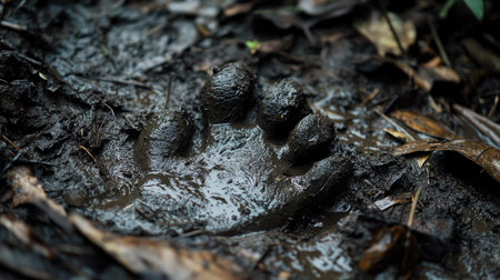 A close-up of a Javan rhino's footprints in the mud, surrounded by jungle debris.の素材