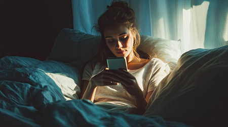 A woman sitting in bed with a cup of tea, scrolling through her smartphone in the morning light.の素材