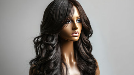 A mannequin head showcasing a luxurious wavy wig in dark chocolate brown under professional lighting.の素材