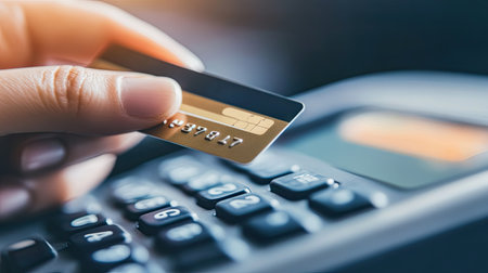 A close-up of a hand holding a credit card against an ATM keypad, preparing for a transactionの素材