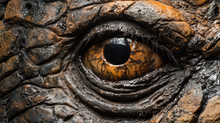 A close-up of a Javan rhino's eye, showing intricate details of its skin and the surrounding mud.の素材