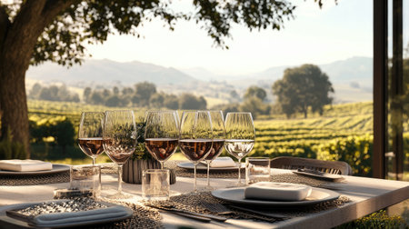 An elegant outdoor setting with a variety of wine glasses on a table overlooking a scenic vineyard viewの素材