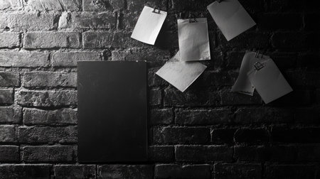 A black detective board resting against a brick wall, with scattered blank sheets pinned unevenly.の素材