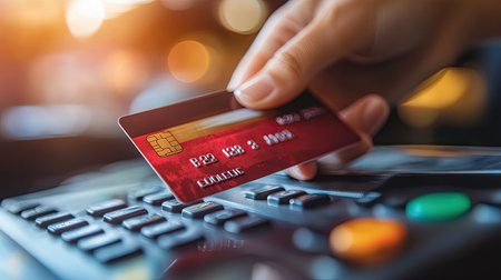 A close-up of a hand holding a credit card against an ATM keypad, preparing for a transactionの素材