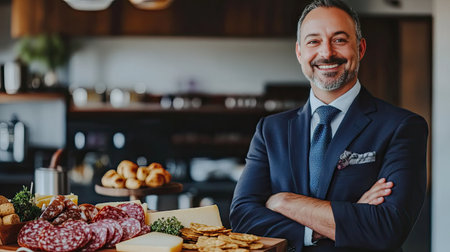 A beautifully arranged charcuterie-style chopping board with sliced salami, cheese, and crackers.の素材