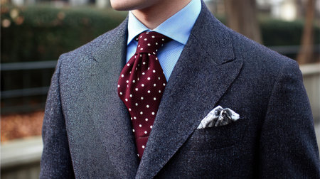 Stylish red necktie with polka dots, tied over a light blue shirt and dark suit, showing a mix of colors and patterns in formalwear.の素材