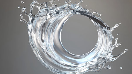 A clear water splash creating a swirling effect, with sharp details isolated on a gradient gray background.の素材