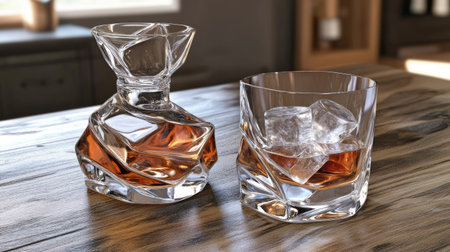 Whiskey glass with ice and an elegant decanter on a vintage wooden table, capturing the rich tones of the whiskey.の素材