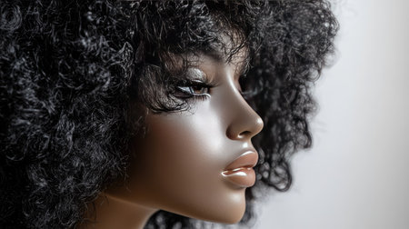 A close-up of a white mannequin head with a textured natural wig in dark black curls.の素材