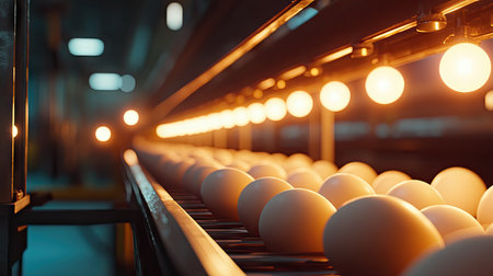A close-up of eggs being inspected on a conveyor belt under bright lights in an industrial setting.の素材