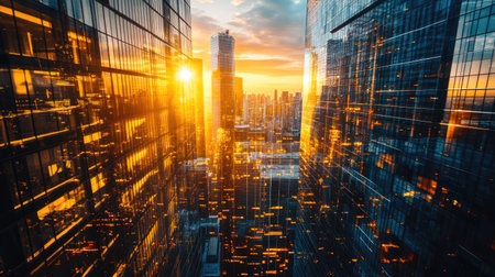 A cityscape during the golden hour, with sun flares bouncing off glass skyscrapers.の素材