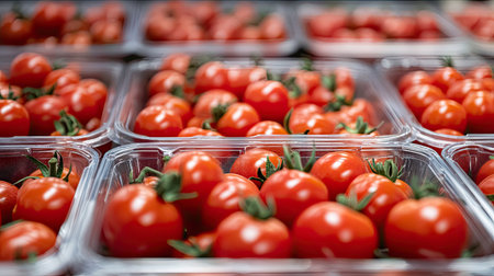 A close-up of ripe tomatoes in plastic trays being transported on a conveyor system in a high-tech food plantの素材