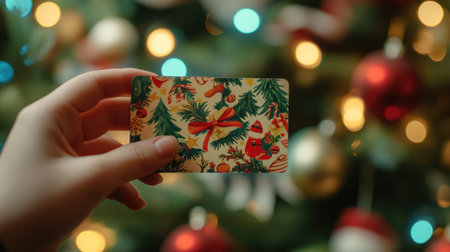 A close-up of a hand offering a holiday-themed gift card against a decorated Christmas tree backgroundの素材