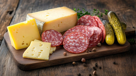A chopping board with assorted cheeses, salami, and pickles, set against a dark wood table.の素材