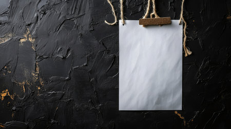 A blank investigation board with white papers and string, placed against a textured black wall.の素材